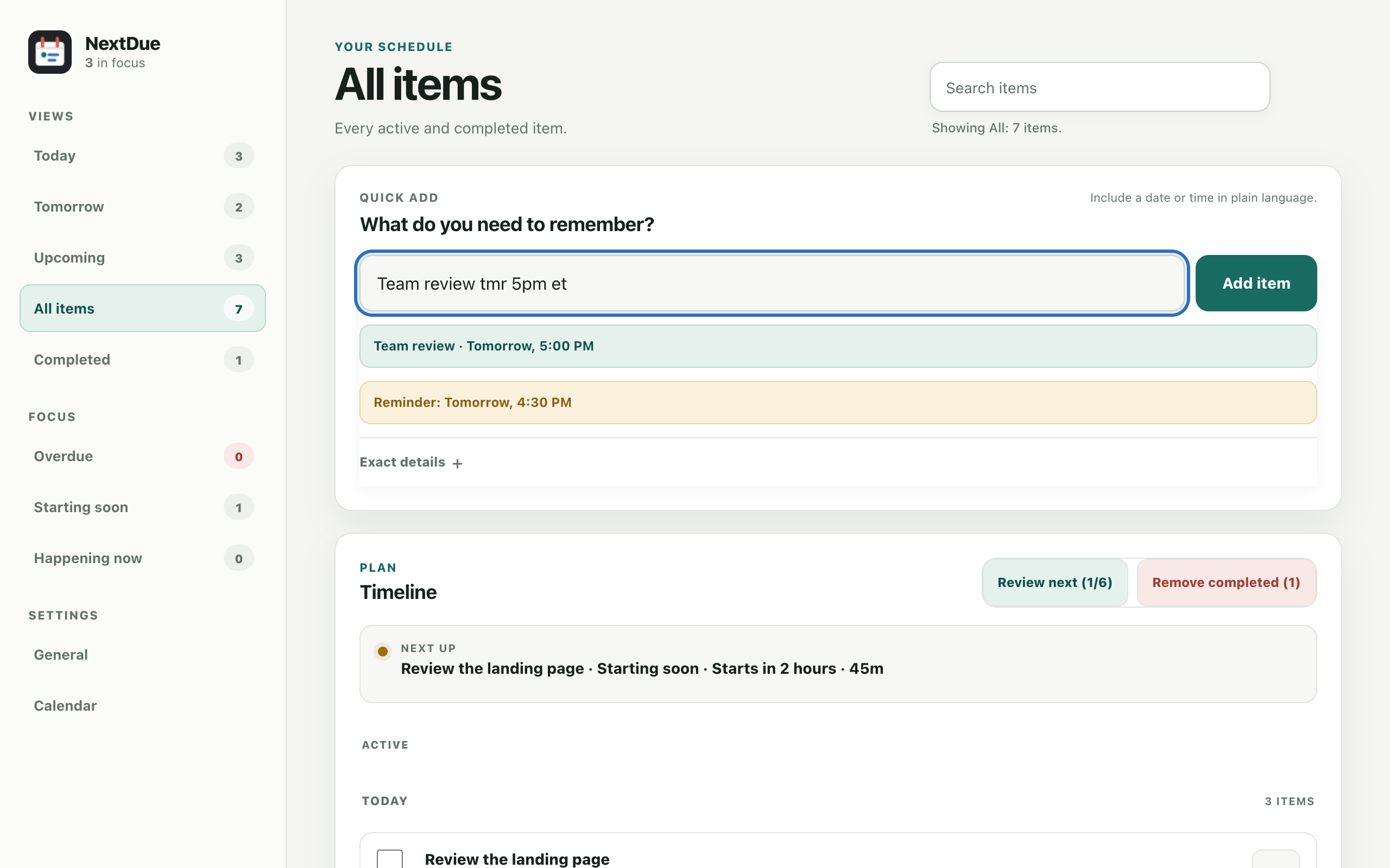 NextDue dashboard showing sample upcoming schedules and deadlines, search, filters, and settings.